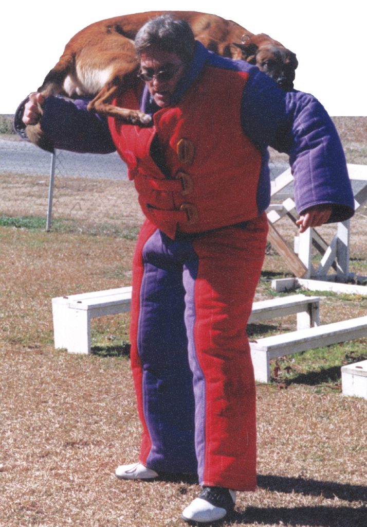 Person in a padded red and purple suit carries a dog over their shoulder outdoors near a path and wooden platform.