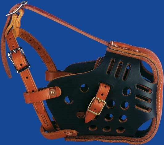 A black leather dog muzzle with brown adjustable straps and multiple ventilation holes shown against a blue background.